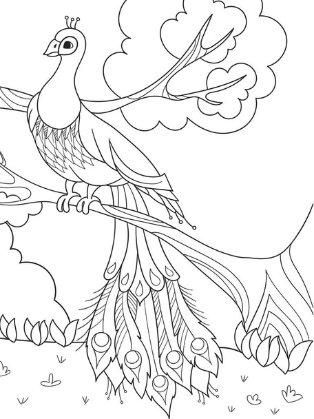 Coloriage de bande dessinée pour enfants. Un oiseau, une plume d'oiseau ou un paon sur un arbre
. - Photo, image