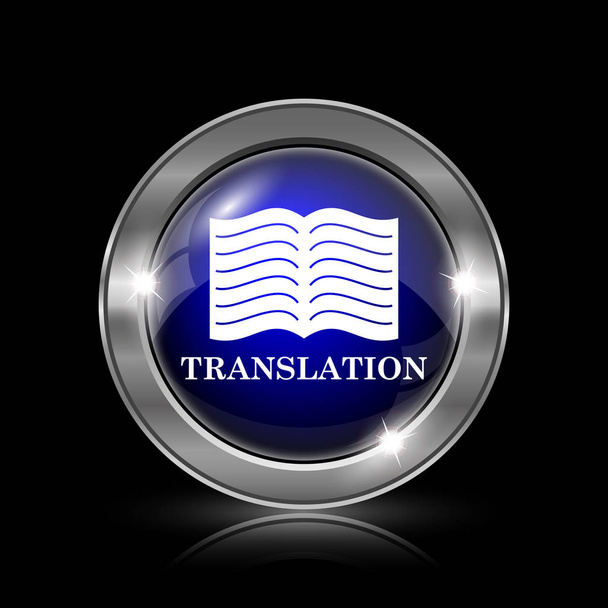 Icono del libro de traducción. Botón metálico de internet sobre fondo negro
 - Foto, imagen
