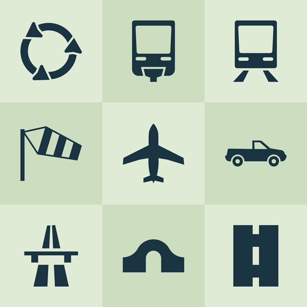 Vervoer icons set met bestelwagen, trainen, bult brug en andere elementen van de spoorweg. Geïsoleerde vector illustratie vervoer pictogrammen. - Vector, afbeelding