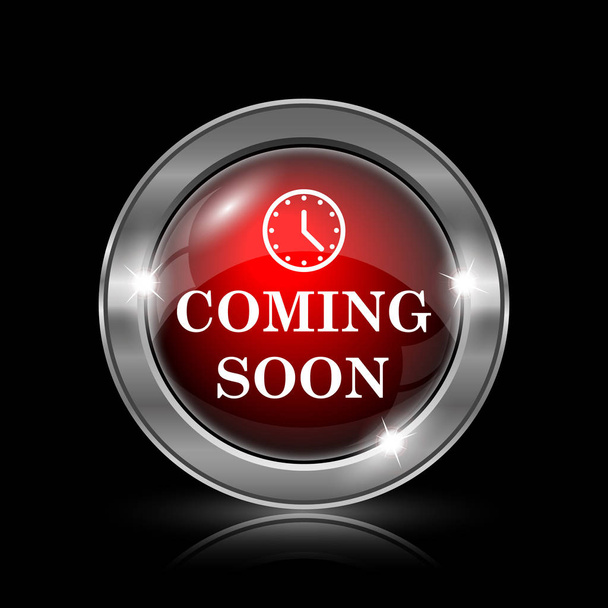 Coming soon icon. Metallic internet button on black background - Photo, Image