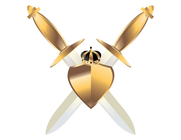 Gouden hilted zwaarden onder goud wit schild - Vector, afbeelding