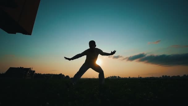 Silhouette d'un homme fort dansant la capoeira au coucher du soleil, soirée d'été
 - Séquence, vidéo