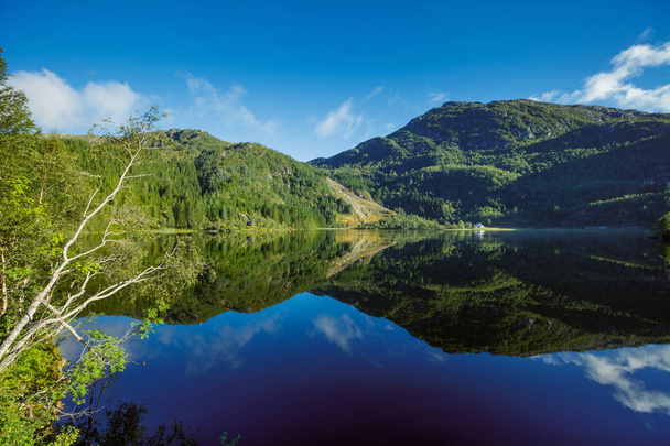 Amazing nature view with fjord and mountains. Beautiful reflection. - Fotografie, Obrázek