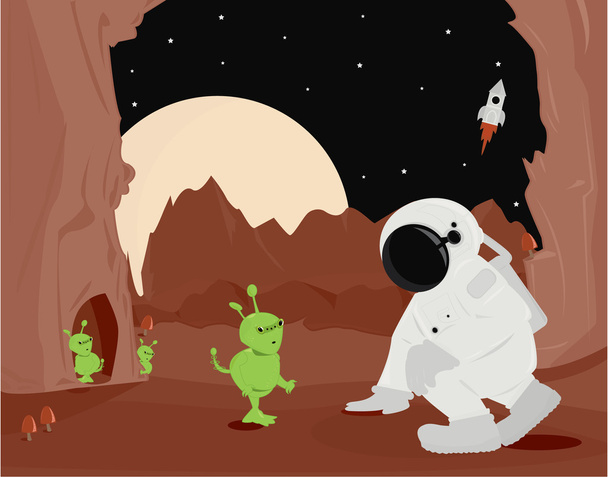 Astronaut and aliens on planet surface - Vector, Image