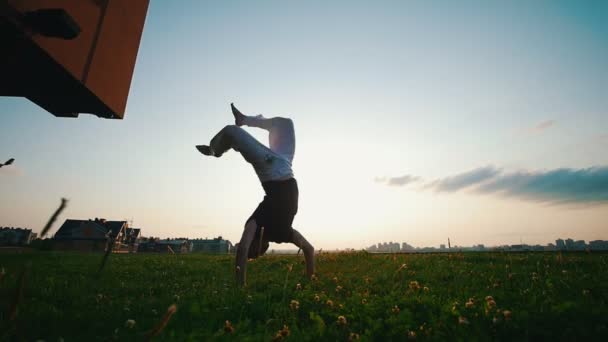 Hombre atlético muestra acrobacias increíbles en la hierba
 - Metraje, vídeo