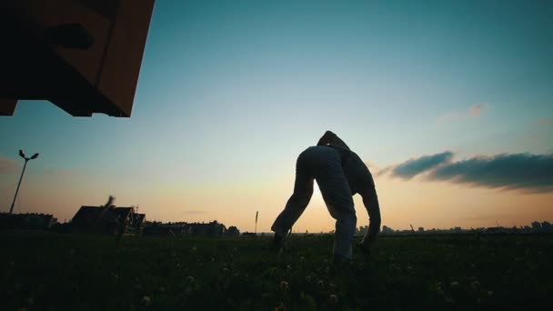 Silhouette masculine au coucher du soleil, danse capoeira sur l'herbe, soirée d'été
 - Séquence, vidéo