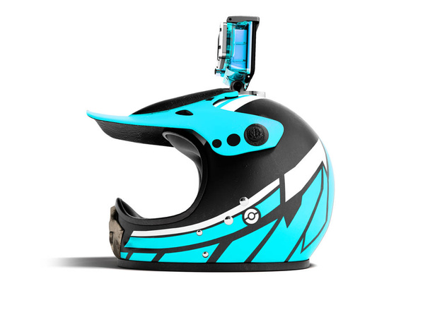 Modern blue motorcycle helmet with blue action camera left 3d render on white background with shadow - Photo, Image
