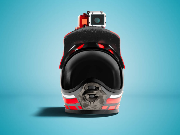 Современный красный мотоциклетный шлем с красной камерой действия спереди 3D рендеринг на белом фоне без тени
 - Фото, изображение