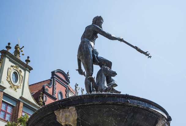 Neptune's Fountain Statue at Long Market Street. Gdansk, Poland - 写真・画像