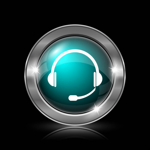 Ακουστικά εικονίδιο. Μεταλλικό κουμπί internet σε μαύρο φόντο - Φωτογραφία, εικόνα