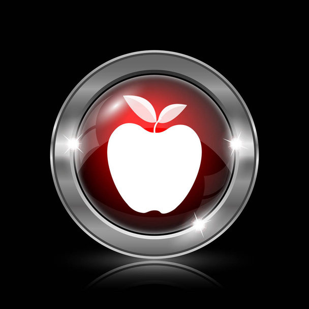 Значок яблока. Металлическая кнопка интернет на черном фоне
 - Фото, изображение