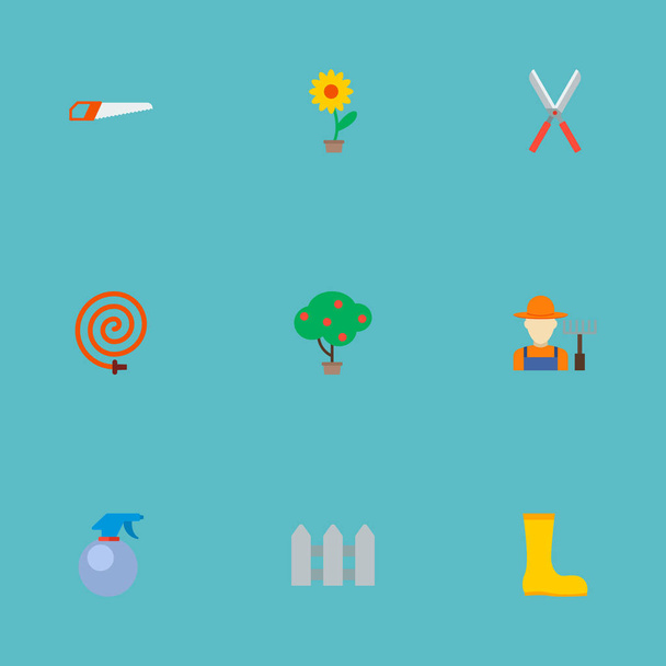 Set vlakke stijl symbolen van de pictogrammen van de landbouw met plant pot, tuinman, verstuiver en andere pictogrammen voor uw web mobiele app logo ontwerp. - Vector, afbeelding