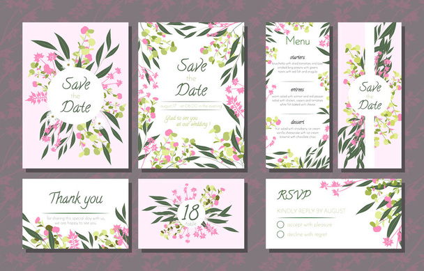 Floral Wedding Invitation with Vector Eucalyptus Leaves, Forest Herbs, Elegant Decorative Flowers. Vintage Invite, Menu, Rsvp, Thank You Label. Save the Date Card. Wedding Invitation in Pastel Colors. - Vector, Image