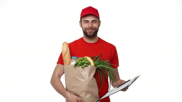 Entrega hombre entrega paquete de comestibles y documentos
 - Metraje, vídeo