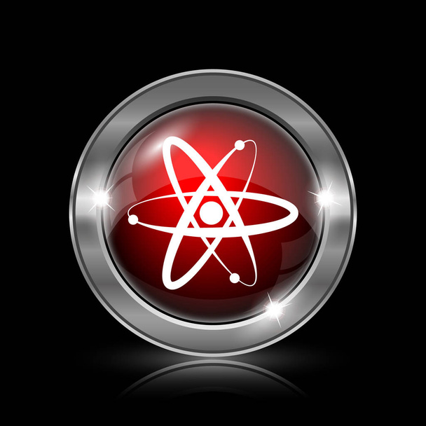 Иконка атомов. Металлическая кнопка интернет на черном фоне
 - Фото, изображение