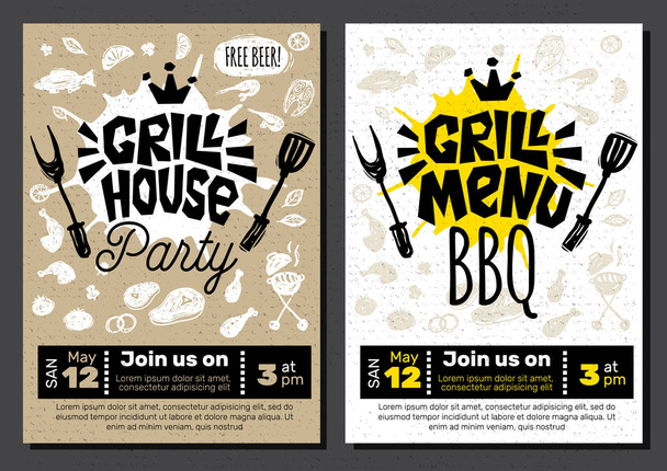 Grill Time Party BBQ food poster. Grilled food, meat fish vegetables grill appliance fork knife chicken shrimps lemon spice. - Vector, Image