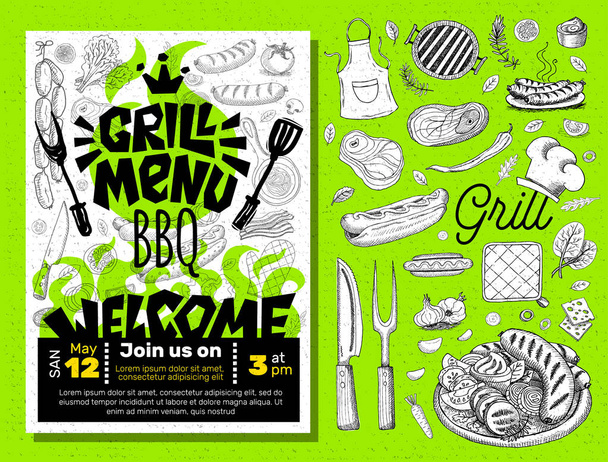 Grill menu Party Time BBQ food poster. Grilled food, meat fish vegetables grill appliance fork knife chicken shrimps lemon spice. - Vector, Image