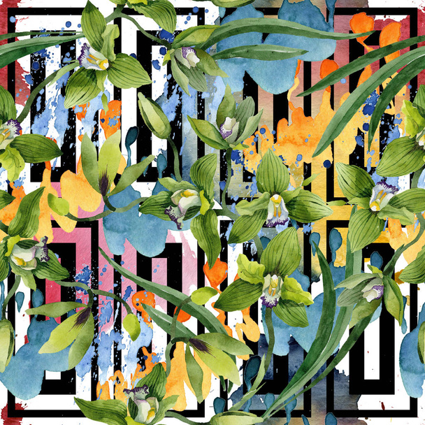 Fiori di orchidea verde acquerello. Fiore botanico floreale. Modello di sfondo senza soluzione di continuità. Tessuto carta da parati texture di stampa. Fiordaliso Aquarelle per sfondo, texture, motivo avvolgente, cornice o bordo
. - Foto, immagini