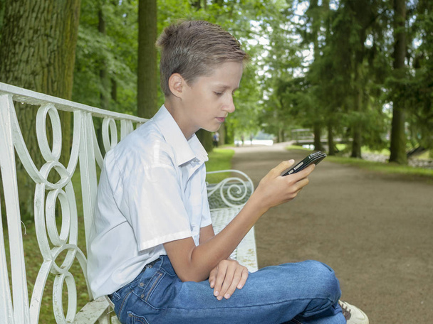 the boy plays in phone in the park in clear summer day - Foto, afbeelding