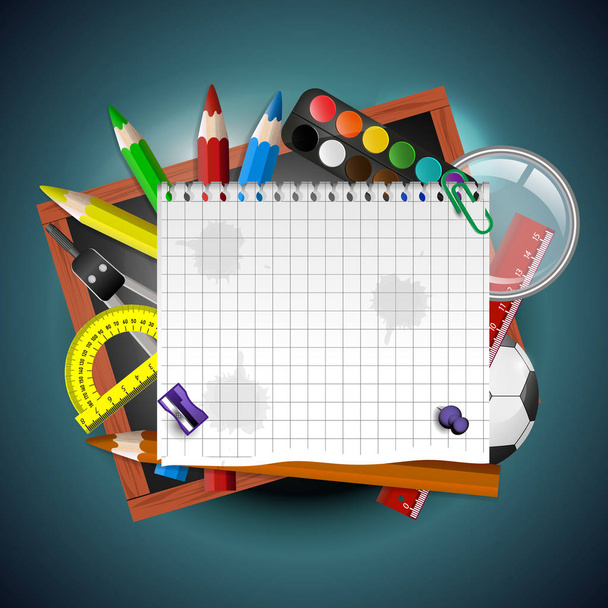 School achtergrond met schoolbenodigdheden en leeg schoolbord met plaats voor uw tekst - Vector, afbeelding