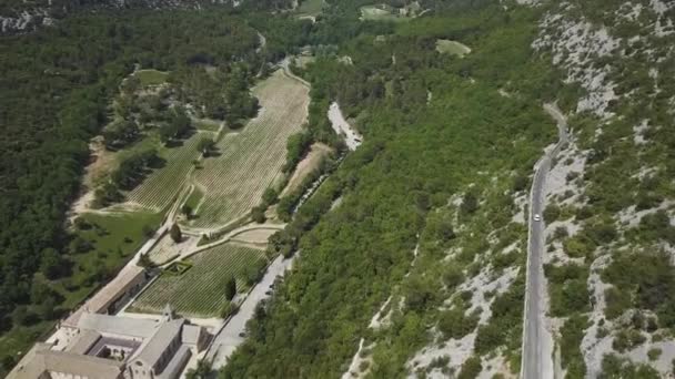 Cyklista na silnici Senanque opatství se nachází v Provence, jižní Francii a levandulovými poli s vozidlem jízdy na úbočí - Záběry, video