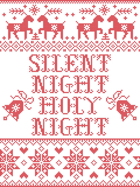 クリスマス パターンきよしこの夜聖なる夜シームレス パターン ベクトル心、スノーフレーク、鐘、トナカイとクロスステッチで北欧文化祭り冬に触発され、赤と白のクリスマス飾り - ベクター画像