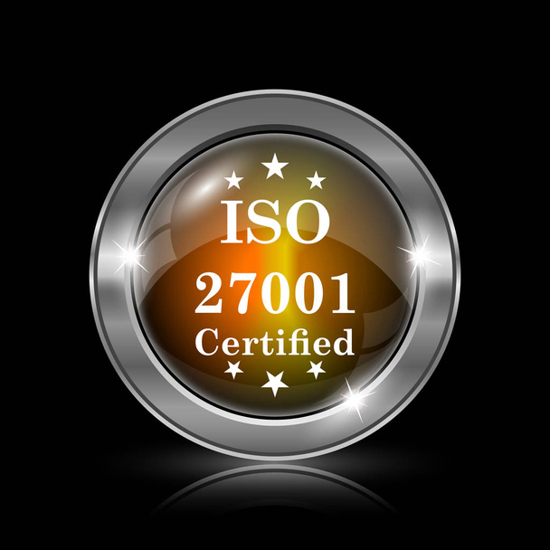 Ícone ISO 27001. Botão de internet metálica no fundo preto
 - Foto, Imagem