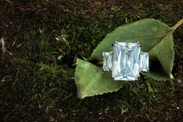 Belle bague de fiançailles en diamant de trois pierres sur une feuille nichée dans la mousse des bois
 - Photo, image