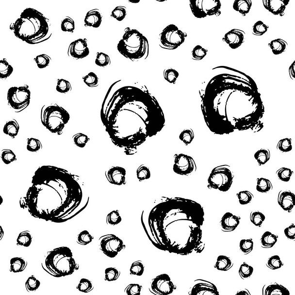 Vector seamless pattern with brush circle and round. Black color on white background. Hand painted grange texture. Ink geometric elements. Fashion modern style. Endless fabric print. Swirl - Vector, Imagen