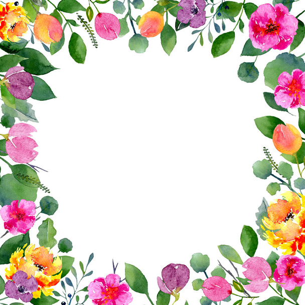 Watercolor floral frame. Background with fresh spring foliage, bright flowers and place for text - Photo, image