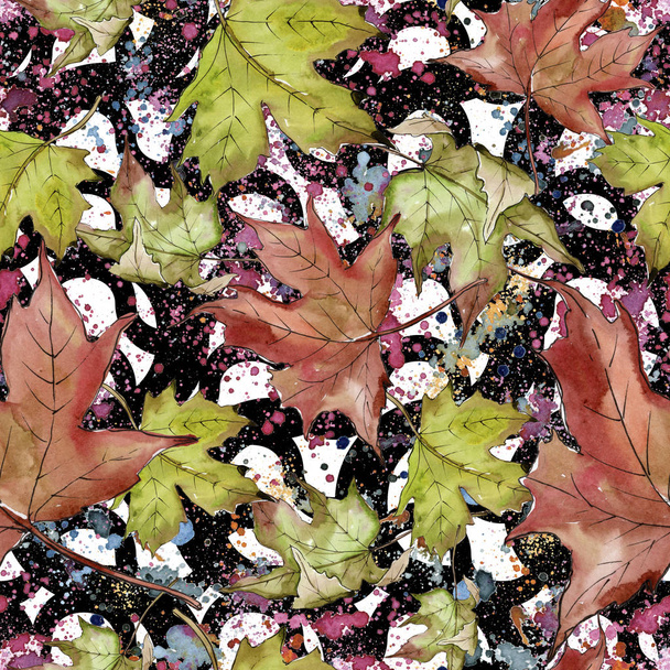 Watercolor green and red maple leaves. Leaf plant botanical garden floral foliage. Seamless background pattern. Fabric wallpaper print texture. Aquarelle leaf for background, texture, wrapper pattern. - Photo, Image