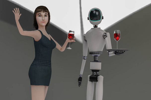 eine Frau bekommt von einem Roboter Wein serviert (3D-Rendering)) - Foto, Bild