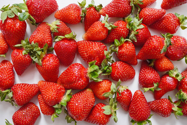 Fraise fraîche. Fraises sur fond de béton blanc. Récolte de fraises locales biologiques
. - Photo, image