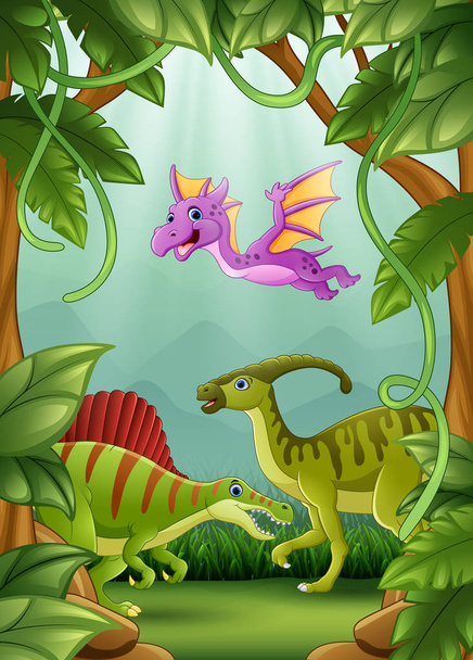 Векторная иллюстрация счастливых динозавров, живущих в джунглях
 - Вектор,изображение