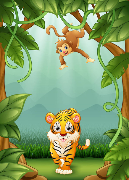Vektoros illusztráció, a Tigris és a majom boldog dzsungel tevékenységet - Vektor, kép