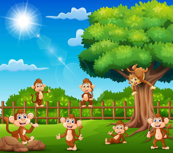 Illustration vectorielle des singes jouissant de la nature près de la cage
 - Vecteur, image