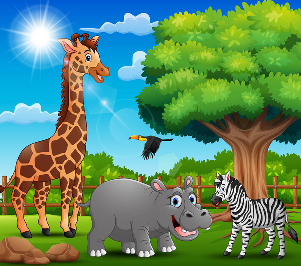 Vector illustration of The animals are enjoying nature by the cage - Vector, Image