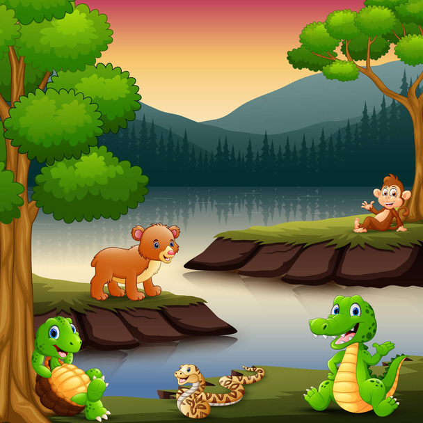 Illustration vectorielle des animaux profitent de la nature au bord du lac
 - Vecteur, image