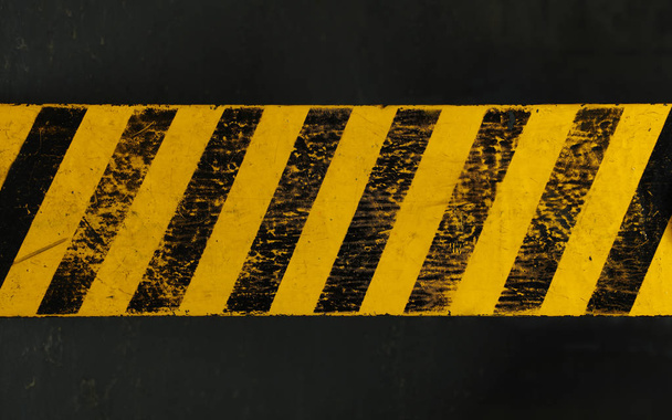 Alter gelb verwitterter lackierter Hintergrund mit grunge schwarzen Gefahrzeichen-Streifen über dunklem Hintergrund - Foto, Bild