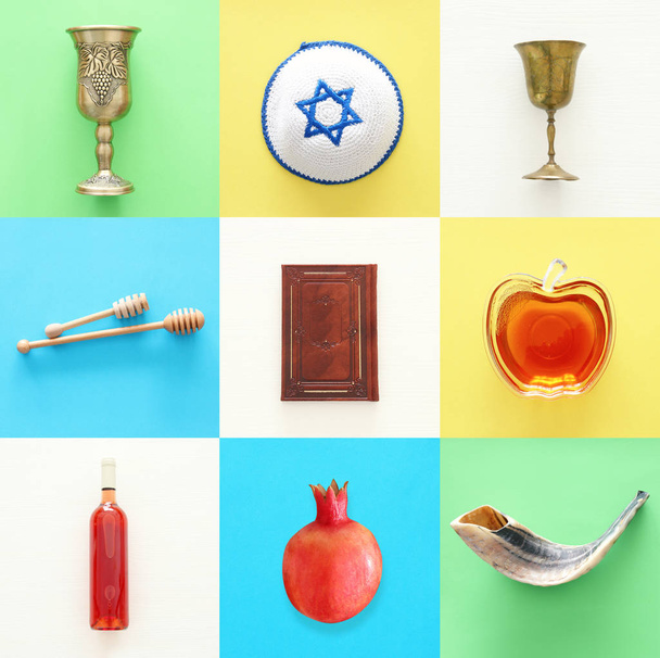 Rosh hashanah (jewish New Year holiday) collage concept. Traditional symbols. - Φωτογραφία, εικόνα