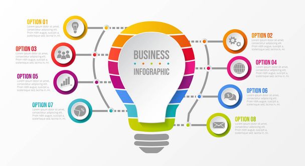 Business-Infografik - Glühbirne mit bunten Symbolen. Vektor. - Vektor, Bild