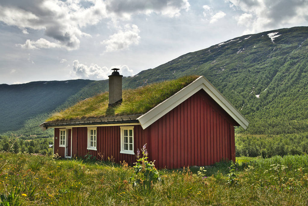 Παραδοσιακό ξύλινο σπίτι σε όμορφο σκανδιναβικό τοπίο της Νορβηγίας - Φωτογραφία, εικόνα