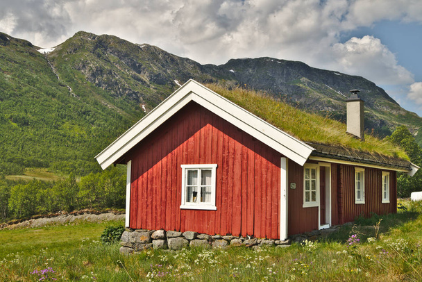 Traditional wooden house in beautiful scandinavian landscape of Norway - Fotoğraf, Görsel