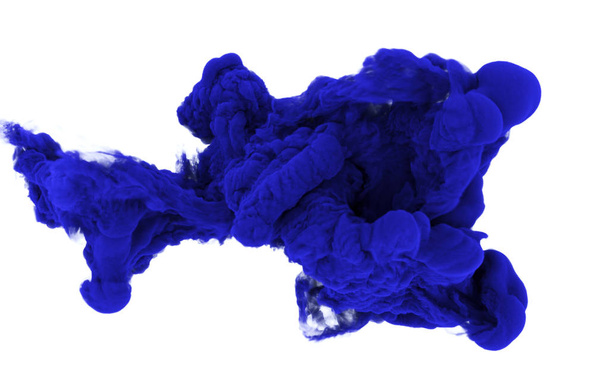 Close up shot of bright blue ink splash in water isolated on white. - Valokuva, kuva