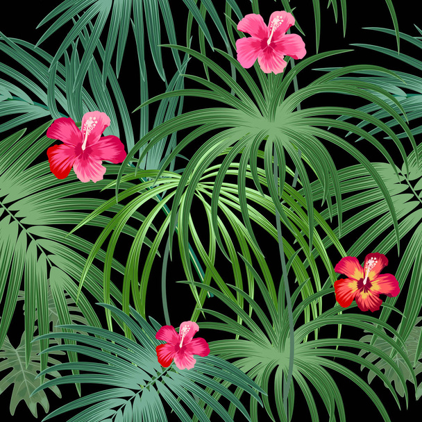 Tropical plant seamless pattern, tropical leaves of palm tree and flowers. Vector background. - Vector, Image