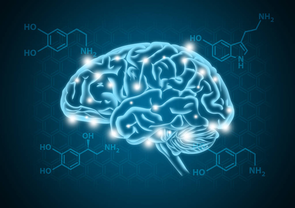 Ilustracja ludzki mózg z hormonu pojęcie biochemiczne podłoże - Zdjęcie, obraz