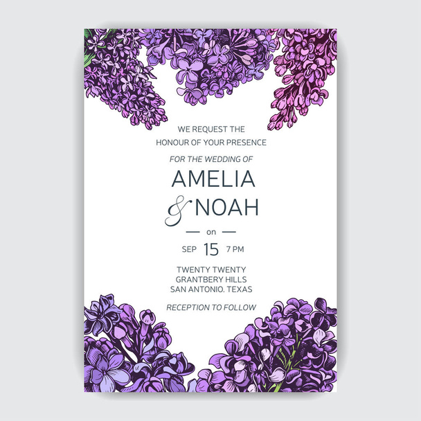 Vector hand drawn pattern. Card with Lilac flowers. - Vector, Image
