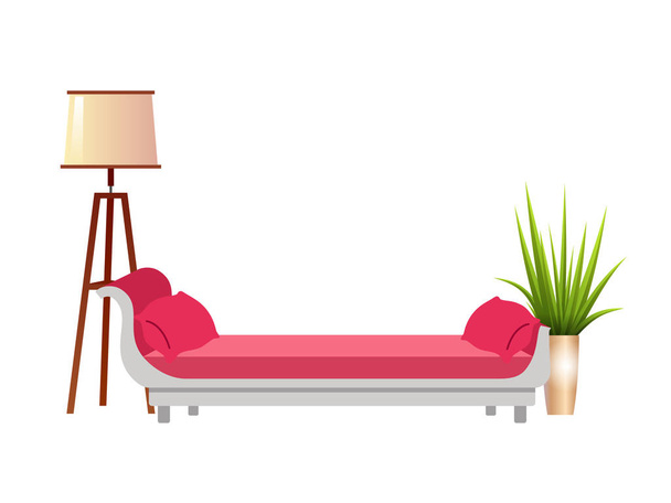 Ρεαλιστική κόκκινο καναπέ με λαμπτήρα πατωμάτων και γλάστρα εσωτερικό διανυσματικά εικονογράφηση - Διάνυσμα, εικόνα