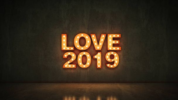 Festzelt light love 2019 Buchstabenschild, Neujahr 2019. 3D-Darstellung - Foto, Bild
