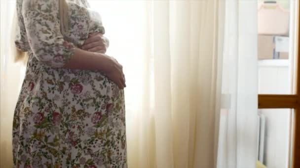 Pregnant women caressing her belly slow motion bright natural backlight. - Video, Çekim